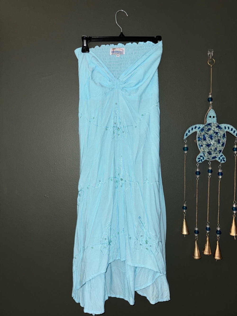 Light Blue Strapless Embroidered midi Dress